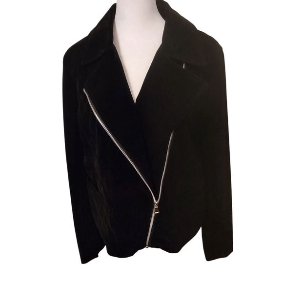 Roz & Ali Black Velvet Moto Biker Jacket Sz Medium Quilted Front Bottom Band - Picture 5 of 10